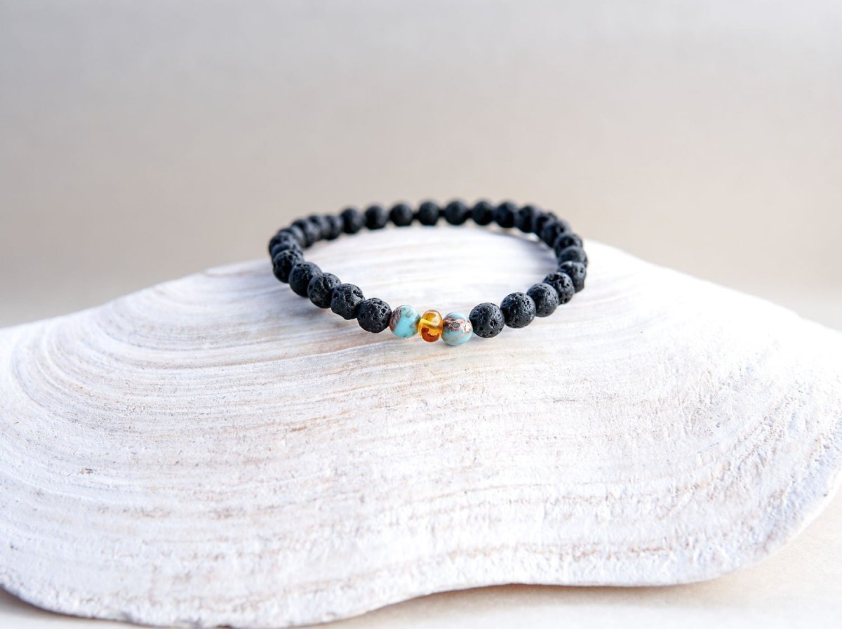 Lava Stone Armband mit Bernstein und Türkis - Kehuna Stones and Senses