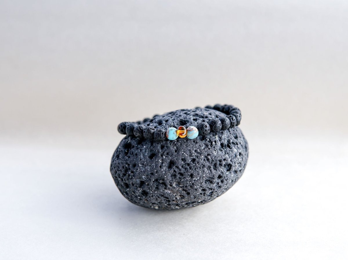 Lava Stone Armband mit Bernstein und Türkis - Kehuna Stones and Senses