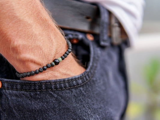 Lava Bracelet with 4mm Onyx and Turquoise for Men - Kehuna Stones and Senses