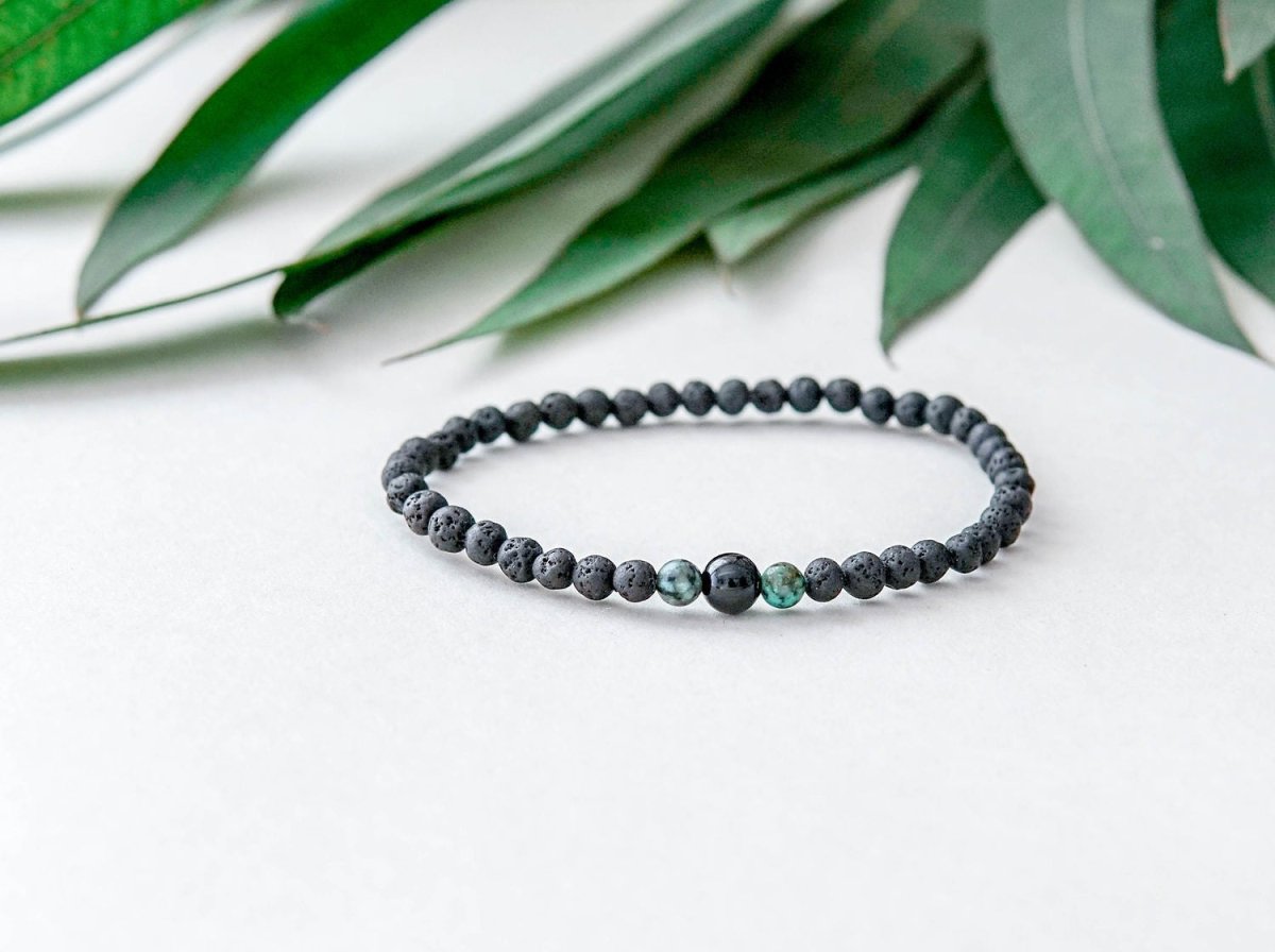 Lava Bracelet with 4mm Onyx and Turquoise for Men - Kehuna Stones and Senses