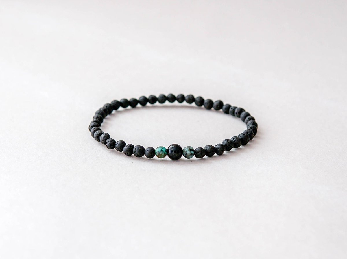 Lava Bracelet with 4mm Onyx and Turquoise for Men - Kehuna Stones and Senses
