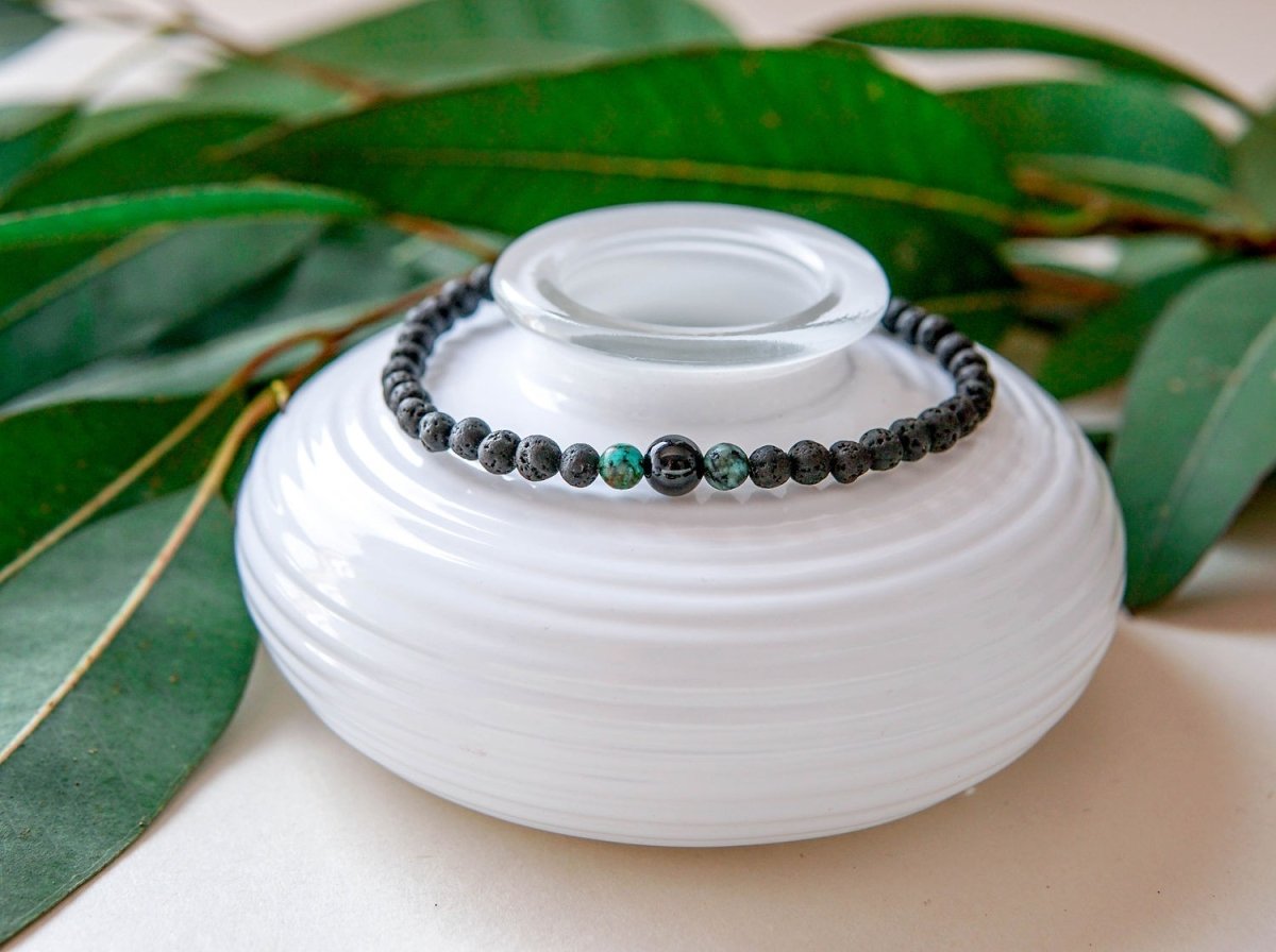 Lava Bracelet with 4mm Onyx and Turquoise for Men - Kehuna Stones and Senses