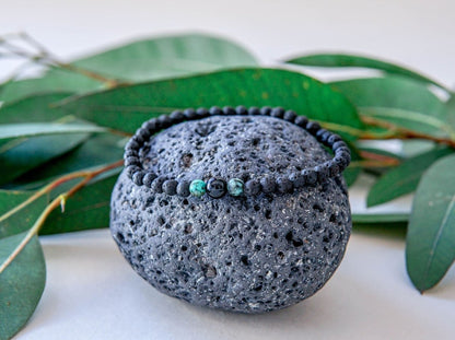 Lava Bracelet with 4mm Onyx and Turquoise for Men - Kehuna Stones and Senses