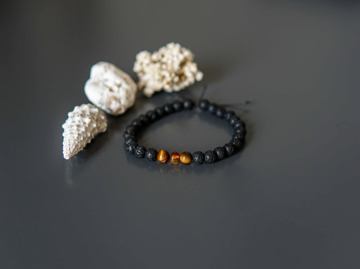Lava Stone Bracelet with Amber and Tiger Eye - Kehuna Stones and Senses