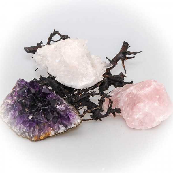 Amethyst, Bergkristall, Rosenquarz - völlig naturbelassene Rohsteine